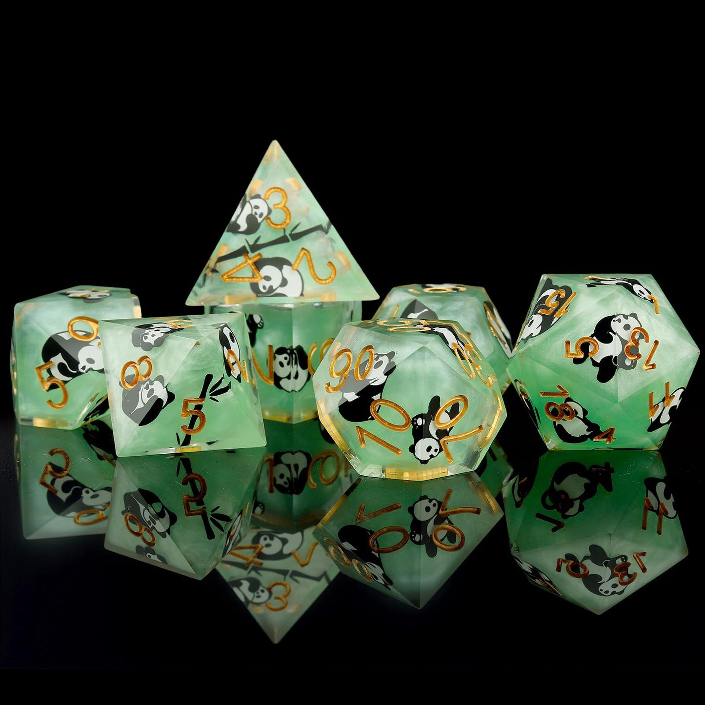 Haxtec Green Panda Sharp Edge Resin D&D Dice Set with Metal Case for Dungeons and Dragons Gift