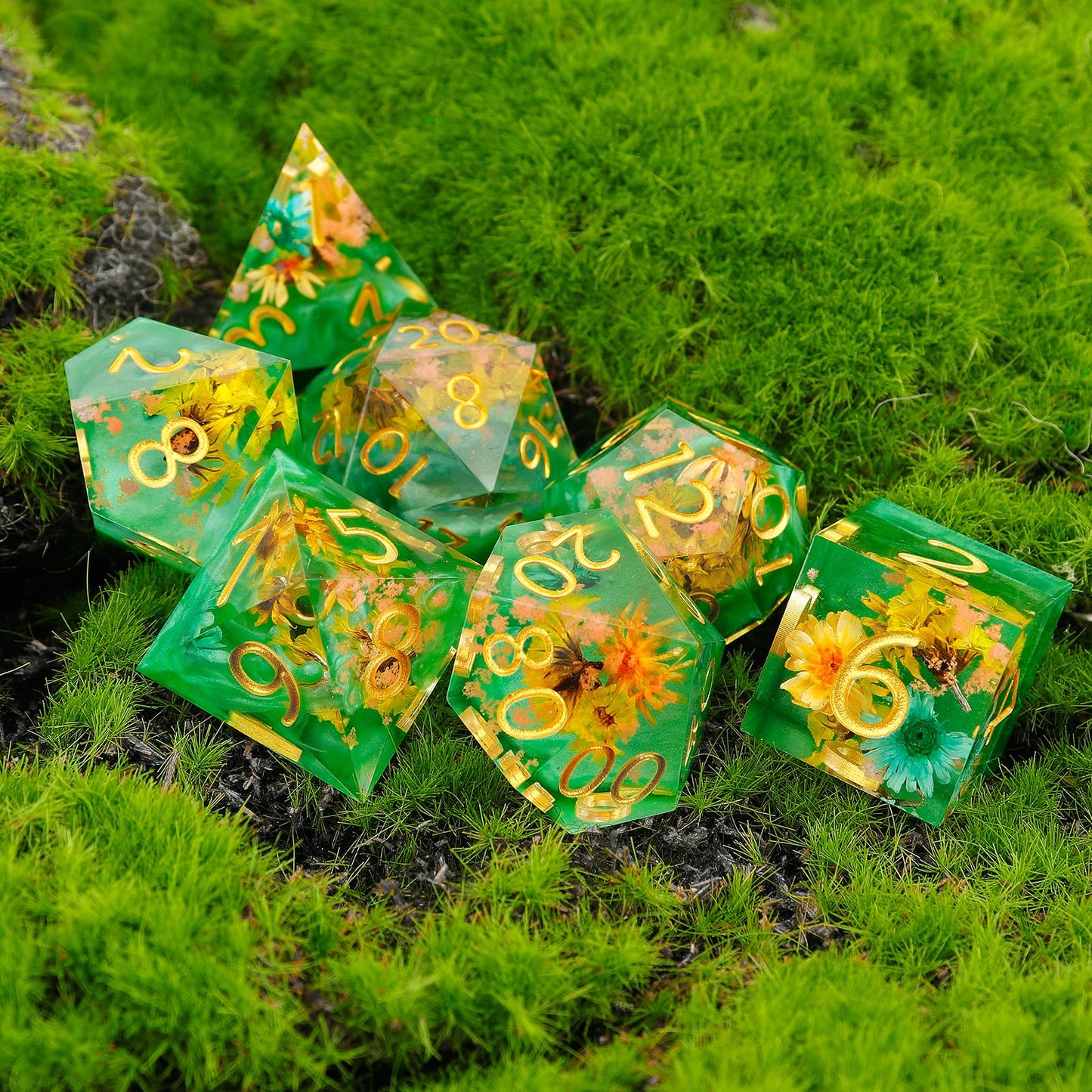 Haxtec Spring Flower Sharp Edge Resin D&D Dice Set – Pearl Green with Floral Inside & Metal Case