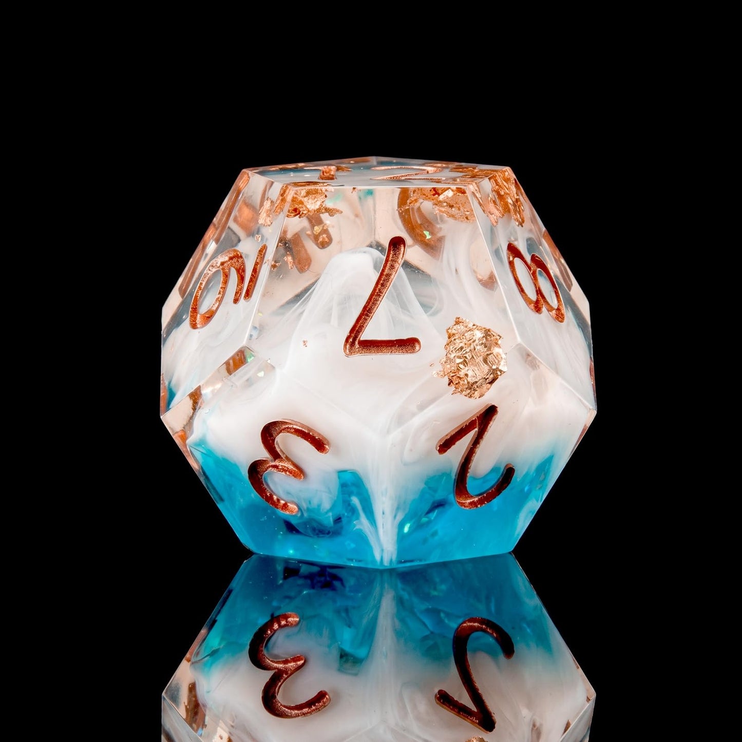Haxtec Ocean Blue Sharp Edge Resin Gold Flake Inside D&D Dice Set – White Copper Polyhedral Dice with Metal Case