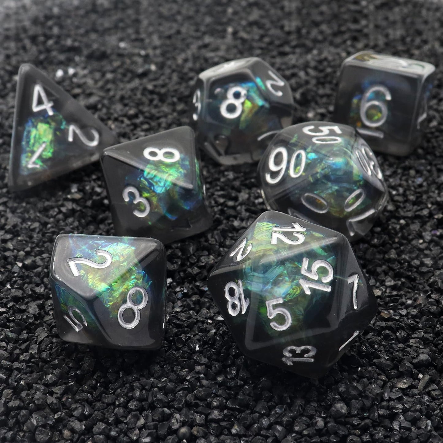 Haxtec Black Green Iridescent Mylar Core Resin DnD Dice Set with Velvet Pouch