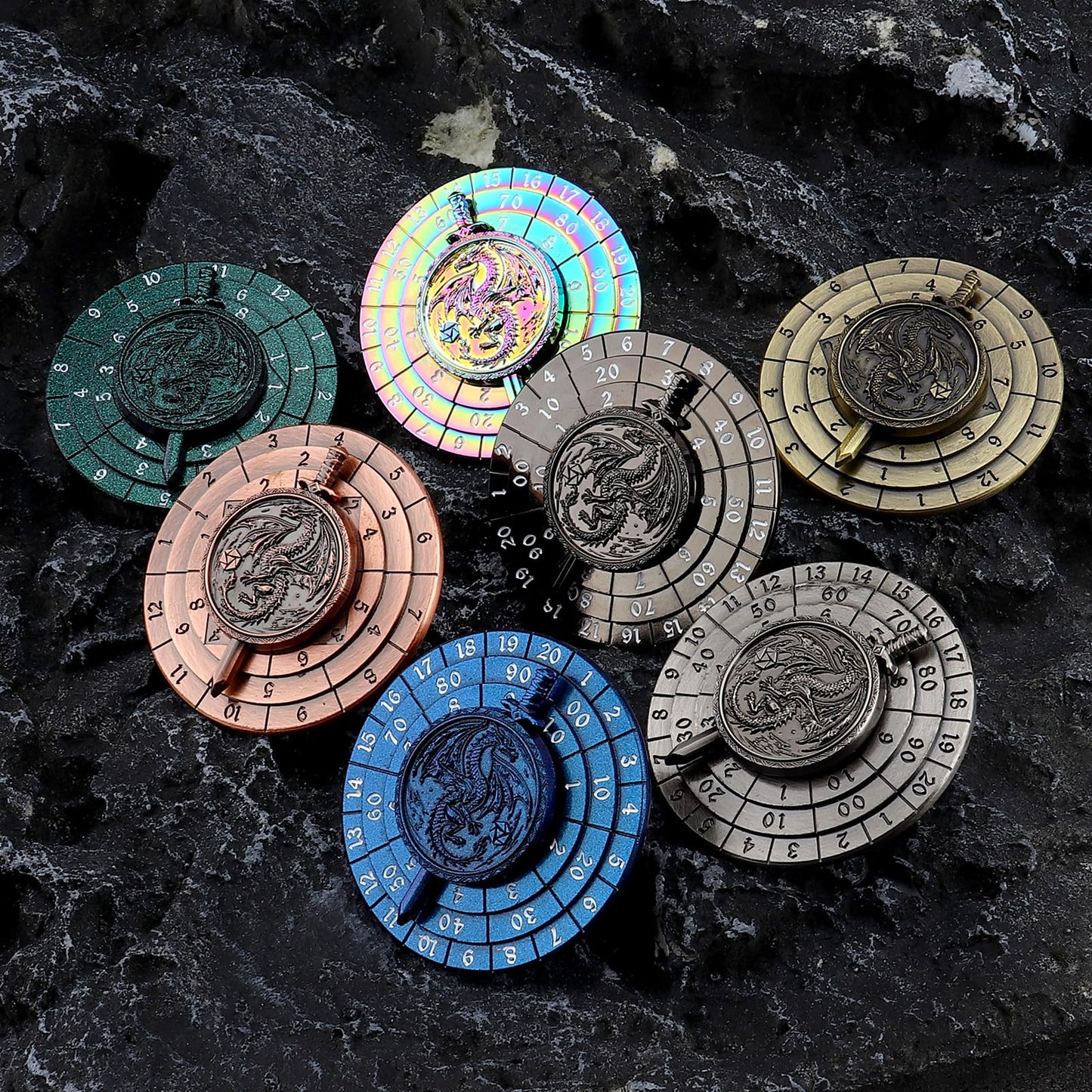Spinner Dice 7-in-1 Metal DND Dice Set Fidget Spinner Dice Dragon Sword Novelty DND Gifts Green Purple