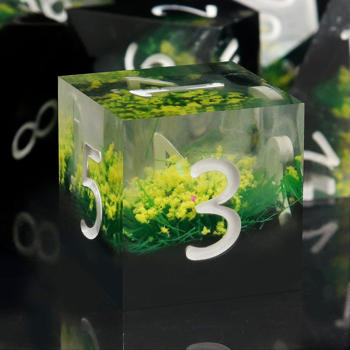 Haxtec Yellow Flower Meadow Sharp Edge Resin D&D Dice Set with Metal Case