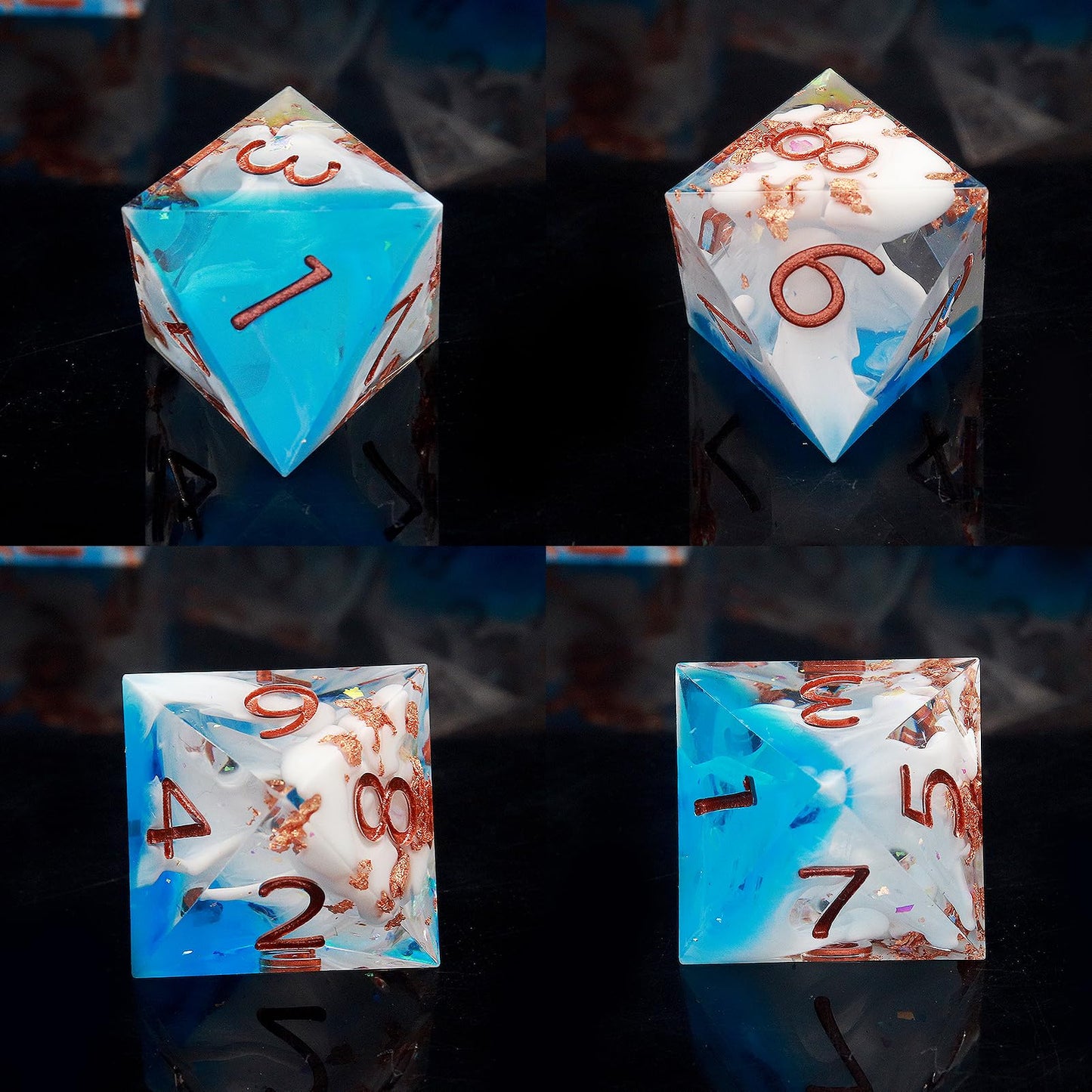 Haxtec Ocean Blue Sharp Edge Resin Gold Flake Inside D&D Dice Set – White Copper Polyhedral Dice with Metal Case