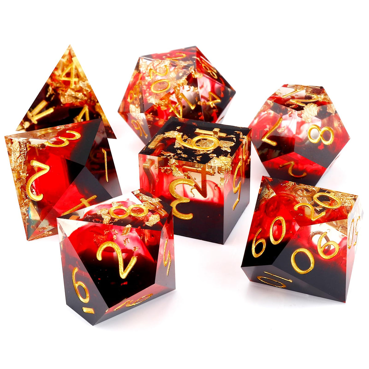 Haxtec Forest Landscape Sharp Edge Resin D&D Dice Set – Green White Copper Gold Flake insaide with Metal Case