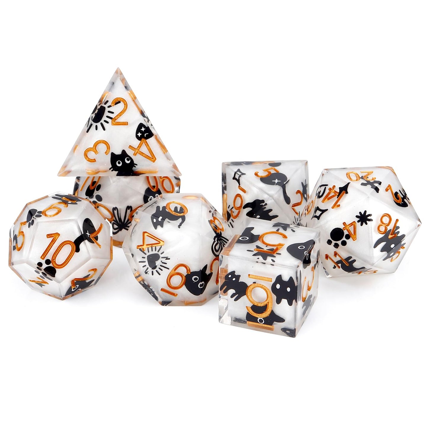 Haxtec White Cat Sharp Edge Resin D&D Dice Set with Metal Case for Dungeons and Dragons Gift