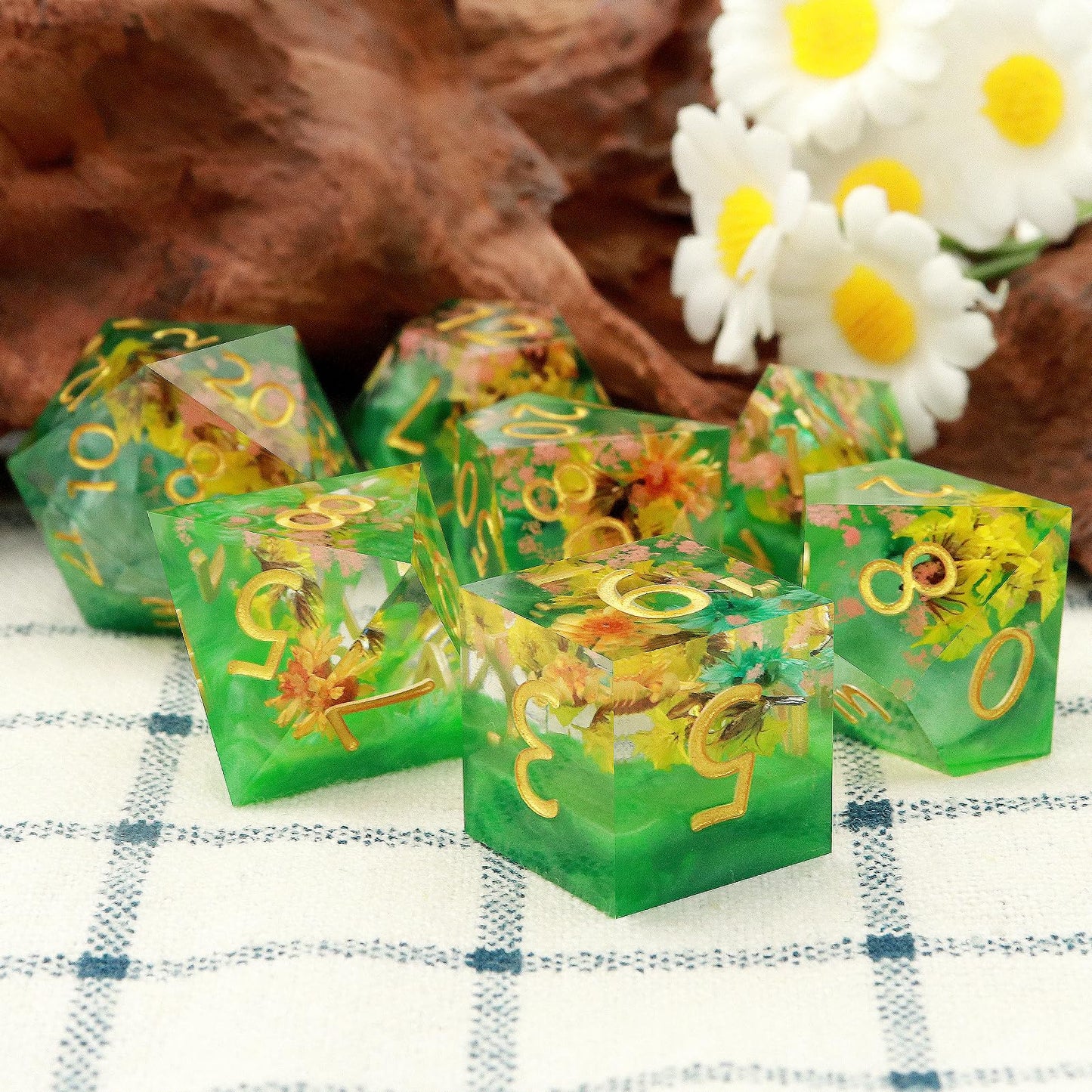 Haxtec Spring Flower Sharp Edge Resin D&D Dice Set – Pearl Green with Floral Inside & Metal Case