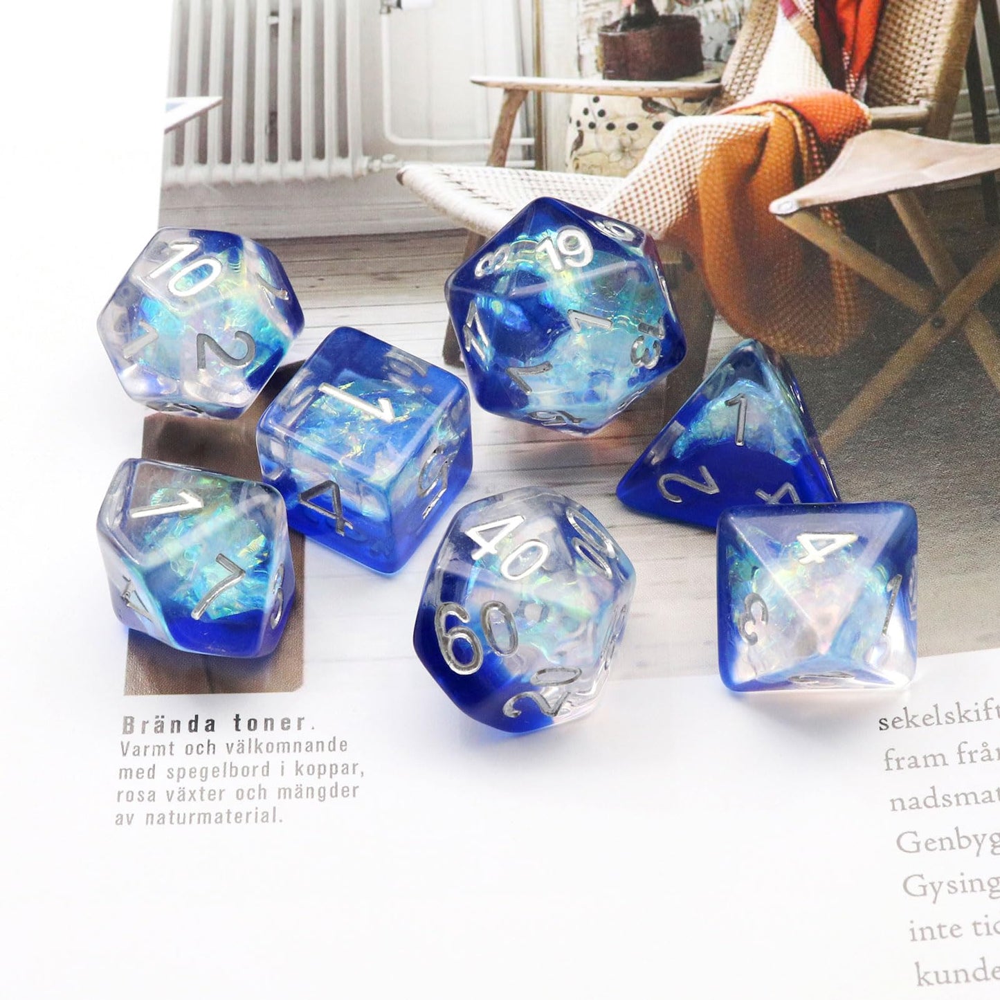 Haxtec Sapphire Blue Deepwater Iridescent Mylar Core Resin Dice with Velvet Pouch
