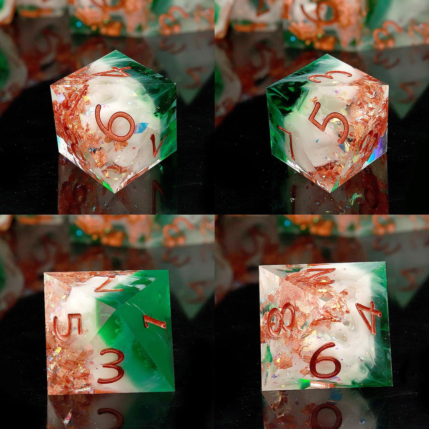 Haxtec Forest Landscape Sharp Edge Resin D&D Dice Set – Green White Copper Gold Flake insaide with Metal Case