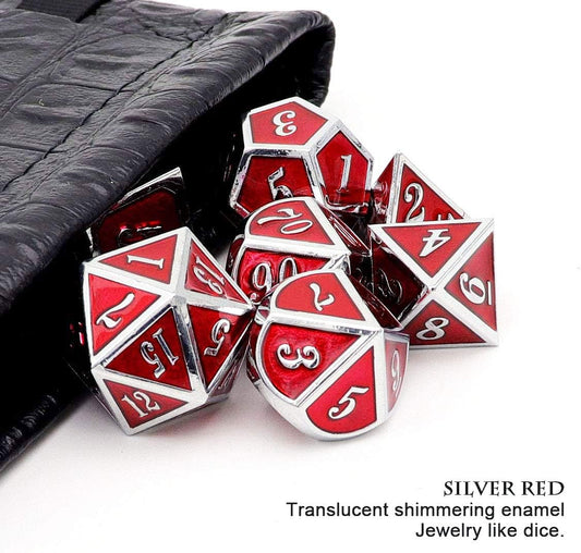Metal Dice Set D&D for RPG Dungeons and Dragon Game-Silver Red