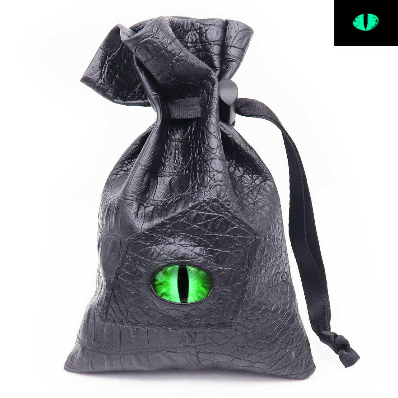 drgaon eye dice bag, leather dice bag, eye dice bag, drawstring dice bag, green eye dice bag, green eye