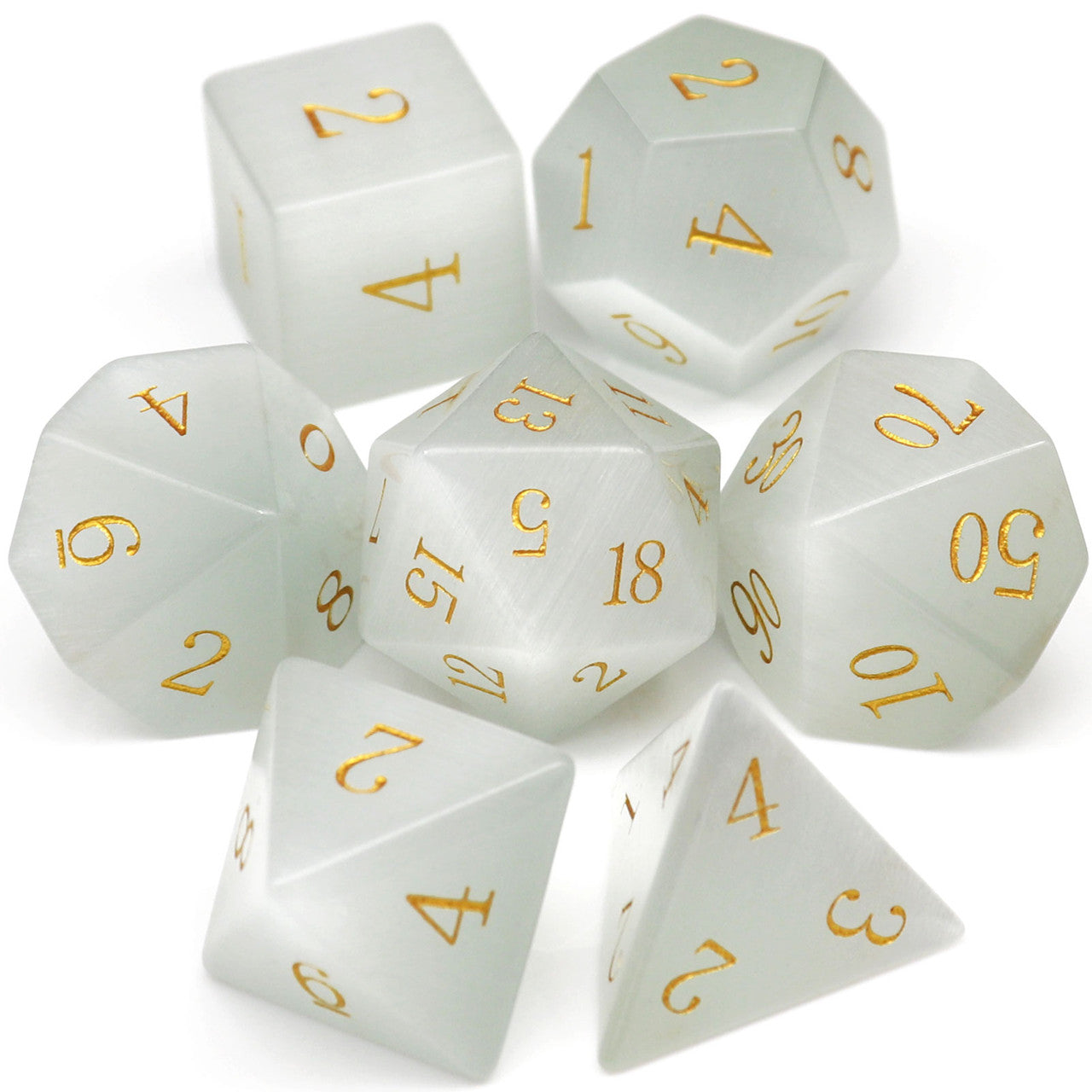 white cat eye gemstone dnd dice set rpg polyhedral