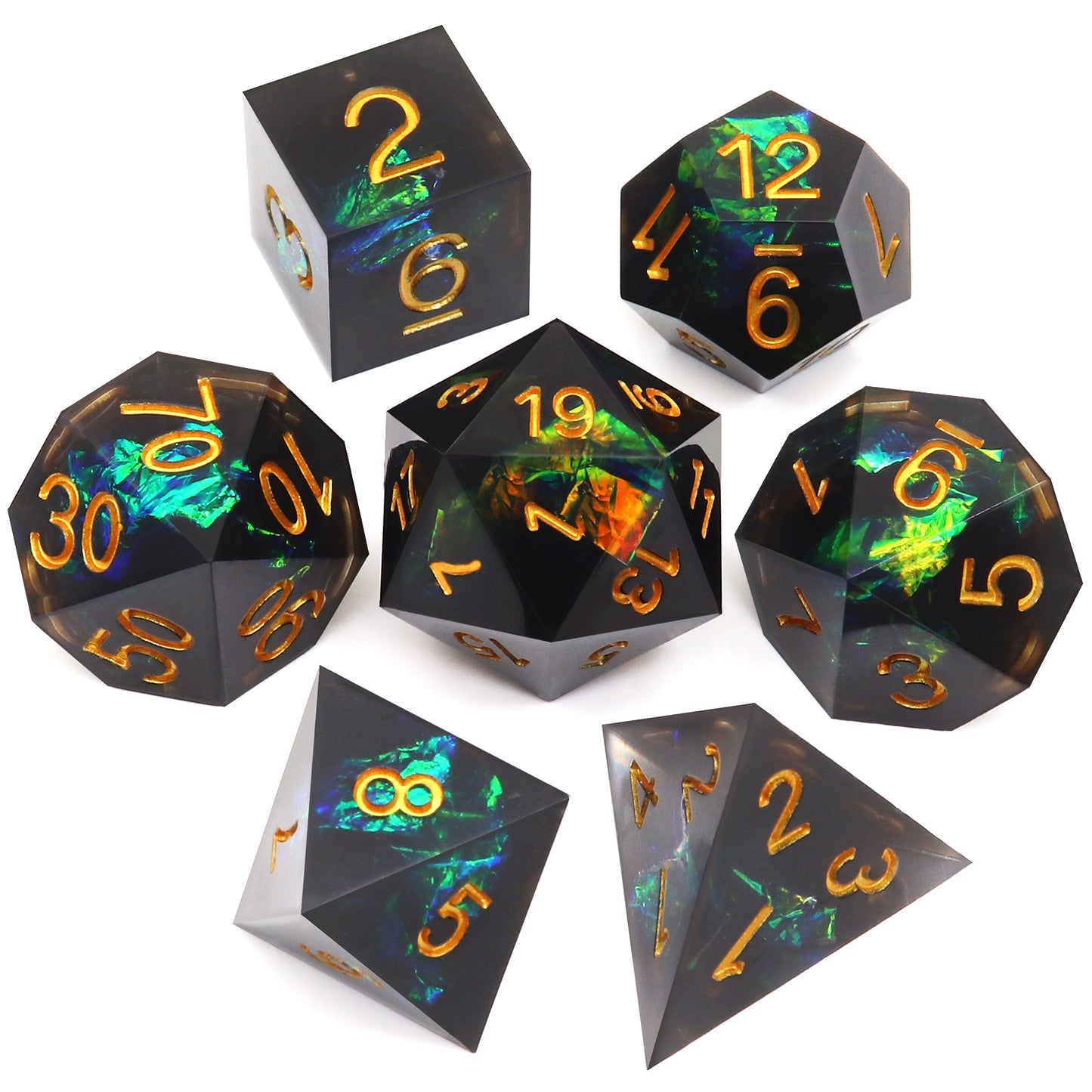 Haxtec Sharp Edge Resin Dice with Dice Case Black Iridecent D&D Dice for RPG Dungeons and Dragons Black Galaxy