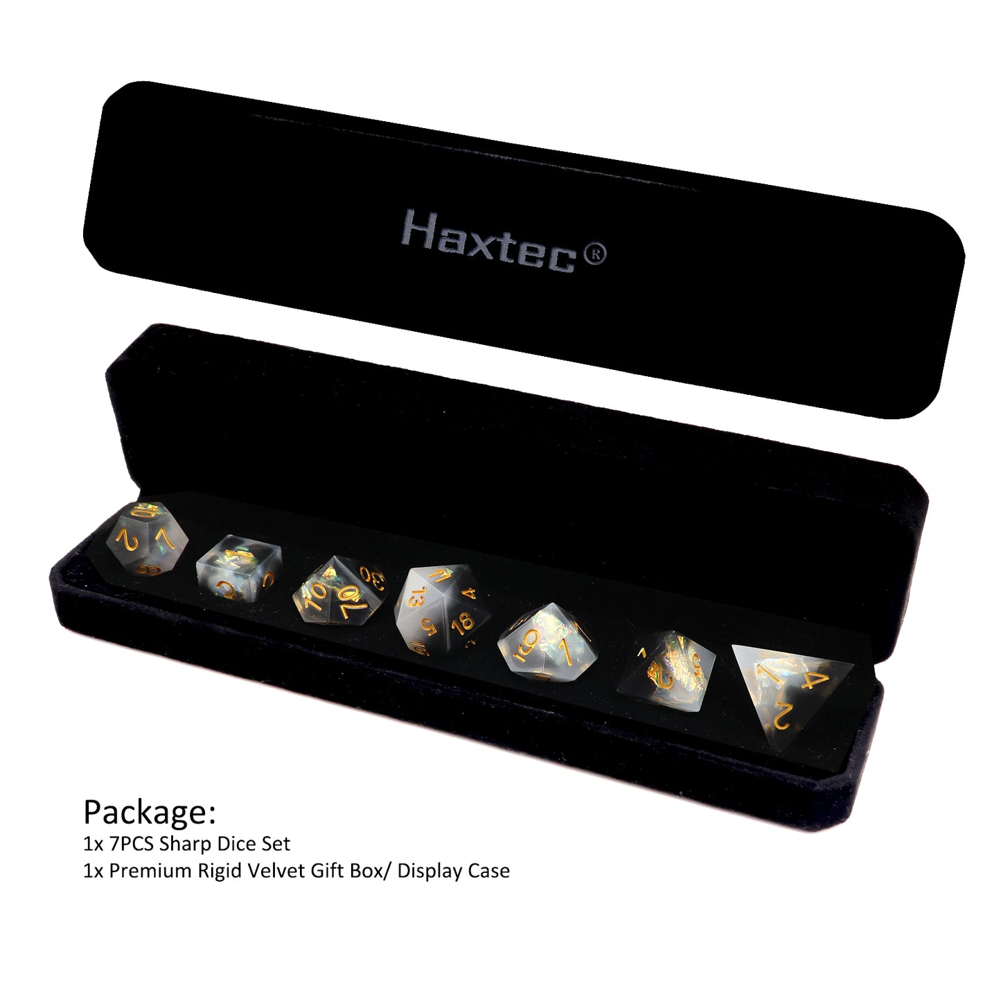 Haxtec Sharp Edge Dice Set DND Dice Black and White Resin Dice Iridecent Mylar Galaxy D&D Dice for RPG Role Playing Dungeons and Dragons Gift