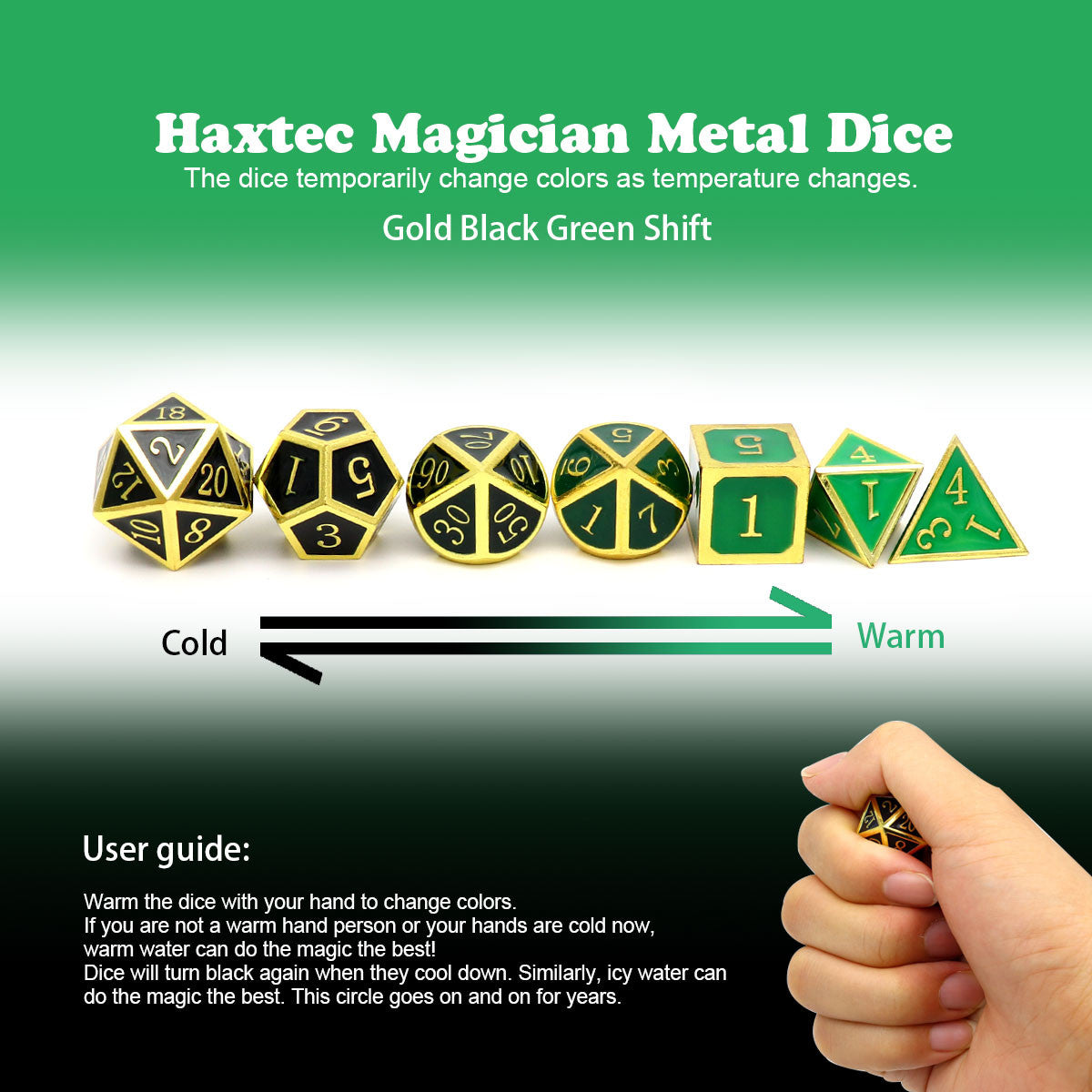 color changing metal dice, metal dnd dice , dnd dice set, gold dice, black dice, green dice, temperature dice, gold green metal dice