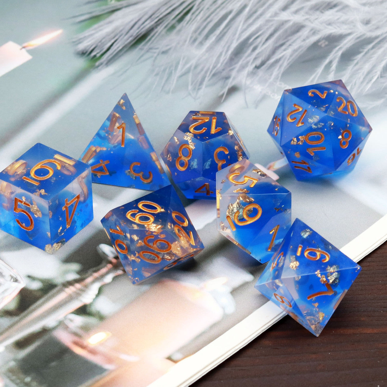 blue clear foil sharp edge dnd dice set with dice vault
