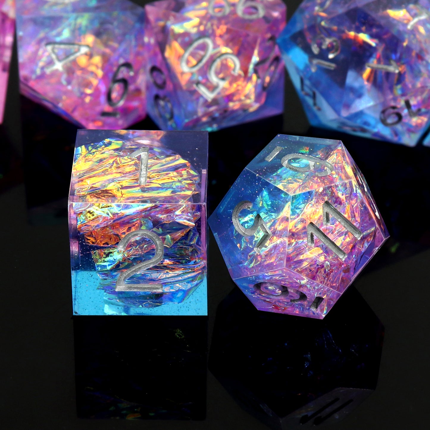 Haxtec Sparkling Sharp Edge Dice Set - Handmade Resin DND Dice with Iridescent Mylar Inclusion, Light Purple and Blue Color Mix-Enchanted Stardust