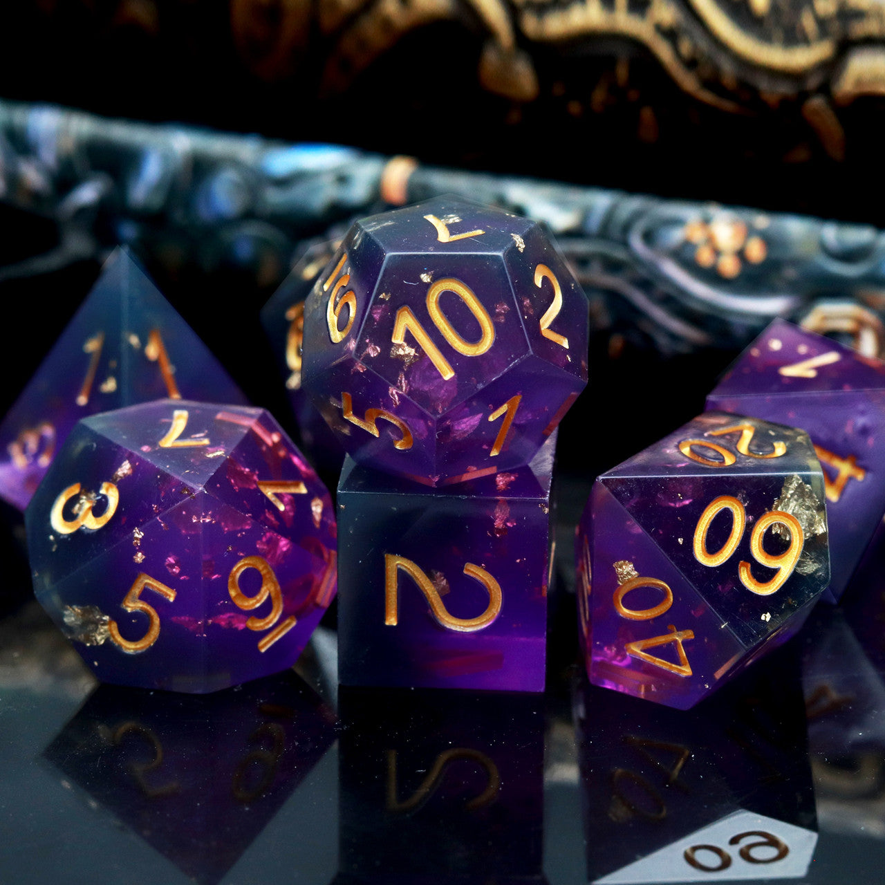 purple black gold flakes sharp edge resin dnd dice set by haxtec