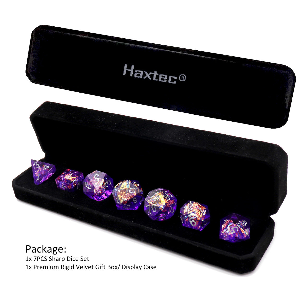 purple sharp dice with dice case