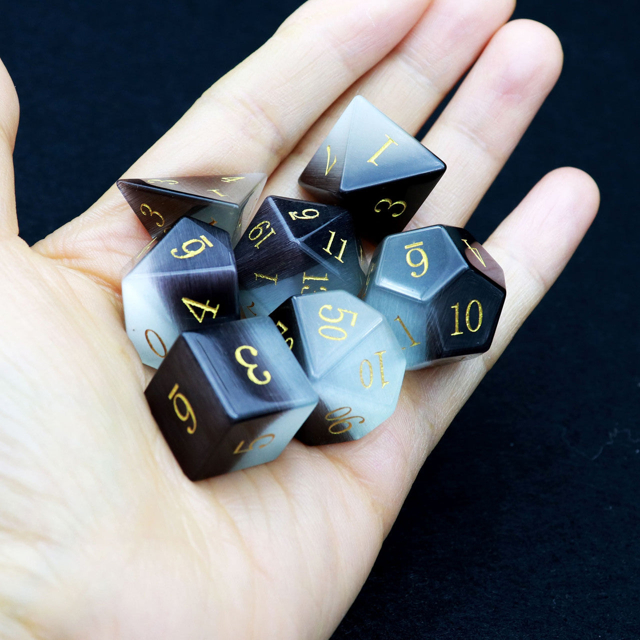 Black and White Cat Eye Gemstone DND Dice Set with Premium Wood Dice Case