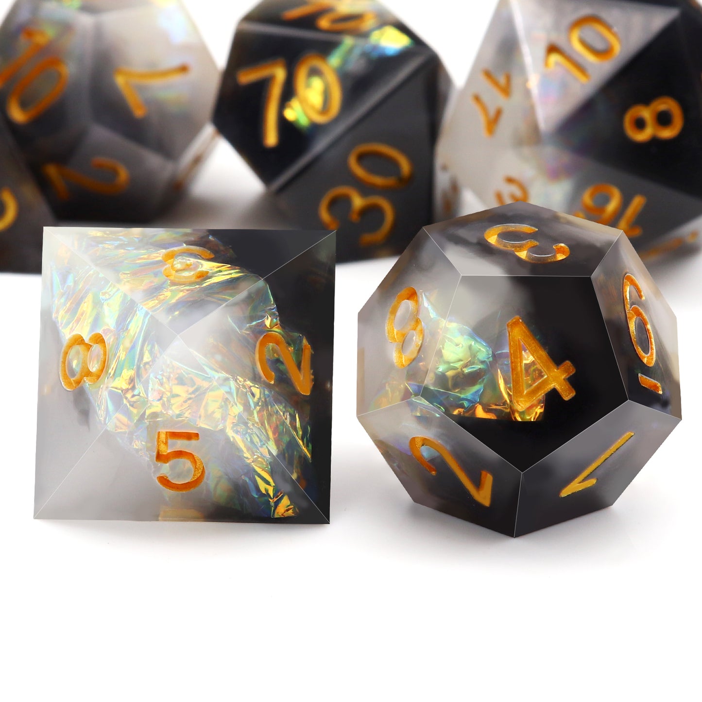 Haxtec Sharp Edge Dice Set DND Dice Black and White Resin Dice Iridecent Mylar Galaxy D&D Dice for RPG Role Playing Dungeons and Dragons Gift
