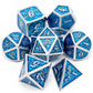 haxtec dice, blue dice, metal dice blue, dnd dice, the net dice, net dice, silver blue dice, silver metal dice