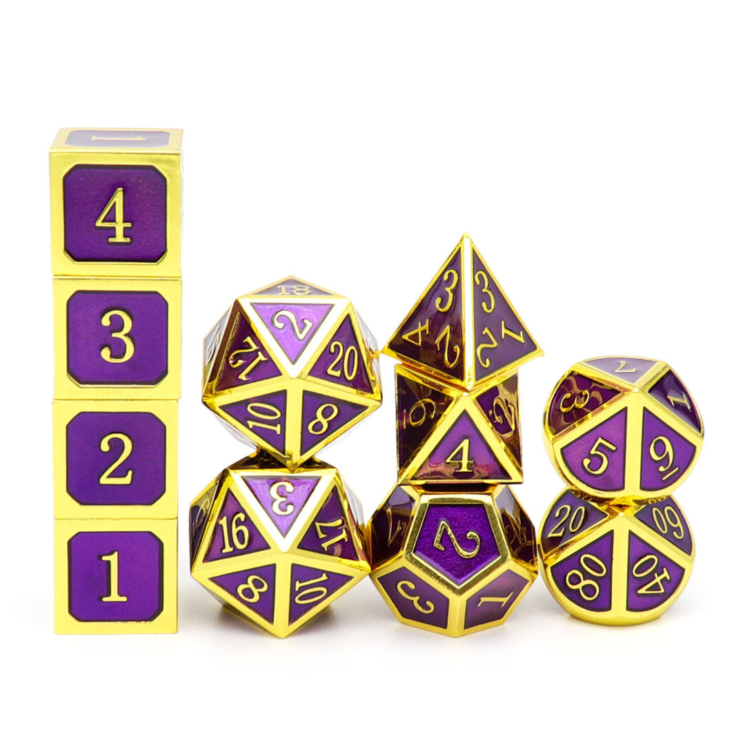 gold purple metal dice, purple metal dice, purple dnd dice, gold metal dice, gold dnd dice, rpg dice set