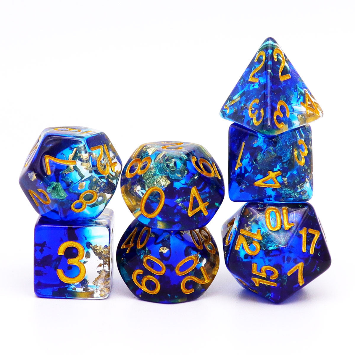 blue gold leaf dice set dnd, dnd dice, blue dice, gold foil dice, resin dice, clear dice, blue dice set