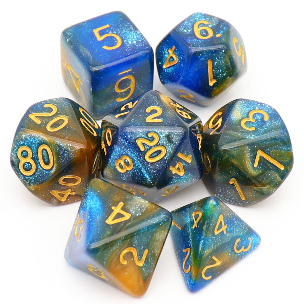 yellow blue dice, glitter dice, yellwo dice, blye dice, galaxy dice, nebula dice, dnd dice, dice set d d dice, polyhedral dice