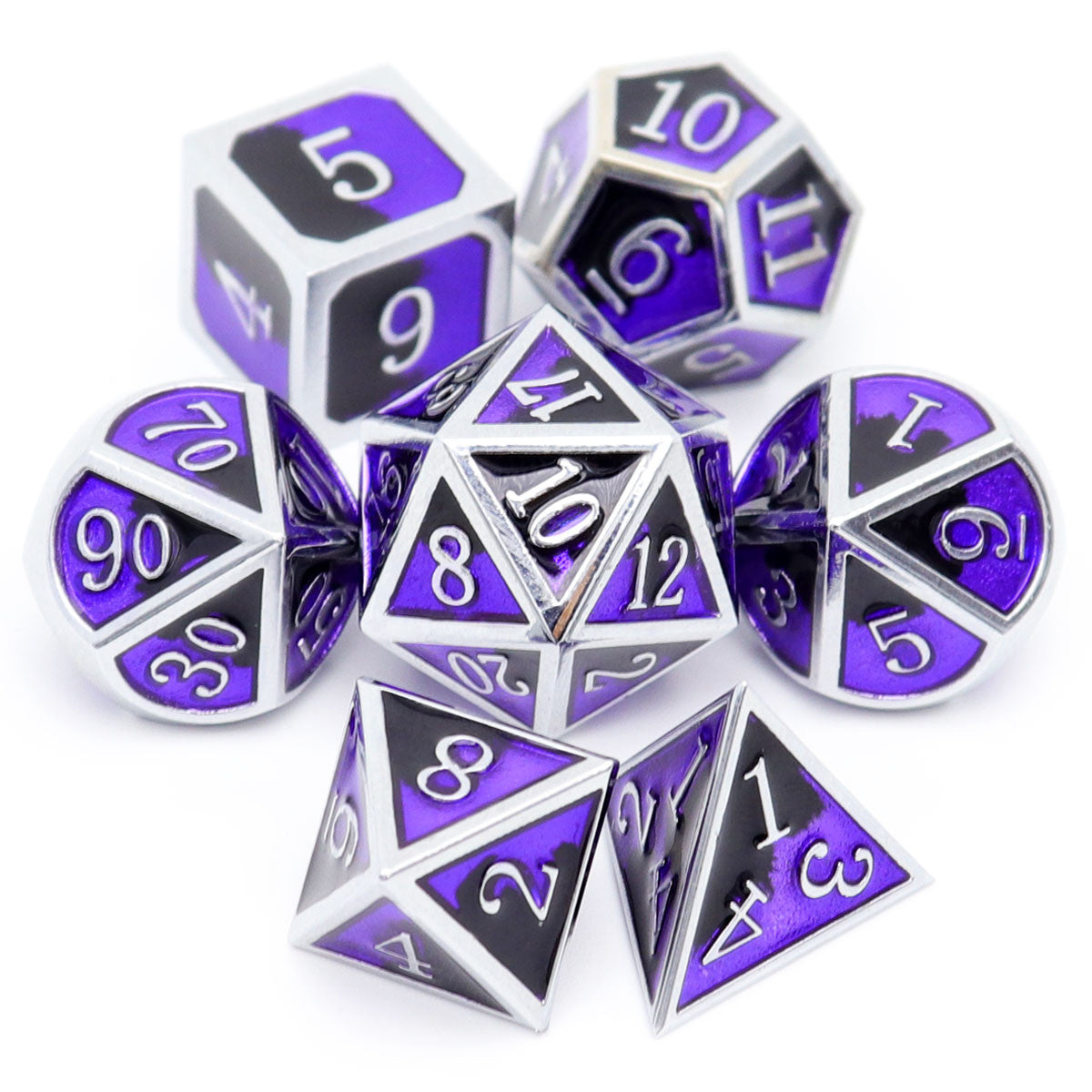 haxtec metal dnd dice, metal dice, dnd dice set, silver metal dice, purple metal dice, black metal dice