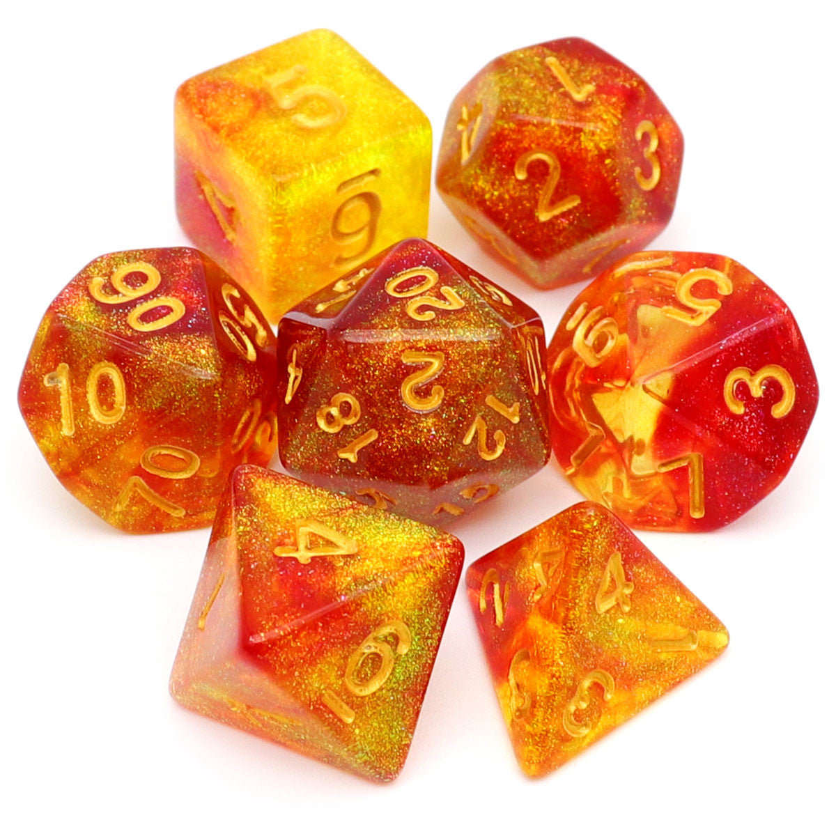 red yellow dnd dice set glitter rpg dice