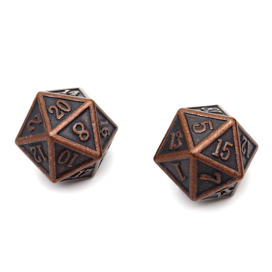 antique dice, copper dice, metal dice, d20 dice