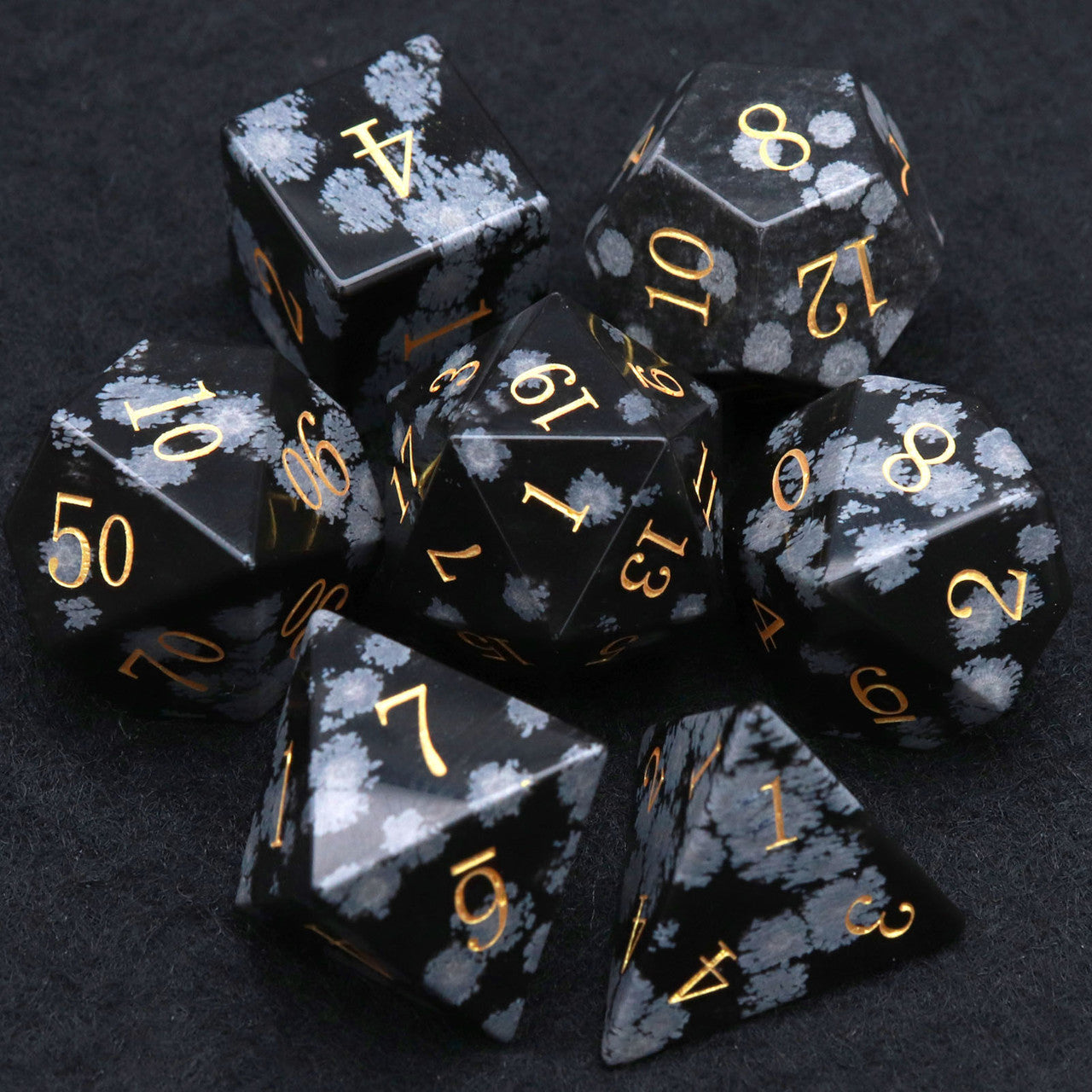 snowflake obsidian dice, gemstone dice, dnd dice, haxtec dice, natural stone dice
