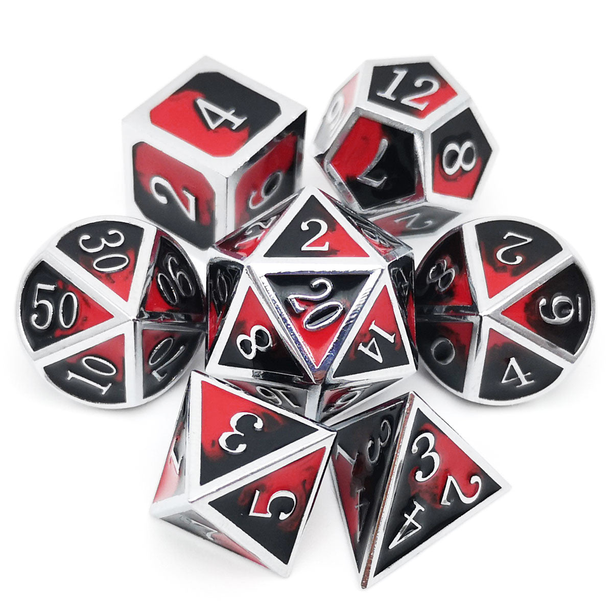 silver red black metal dnd dice for rpg ttrpg games dungeons and dragons