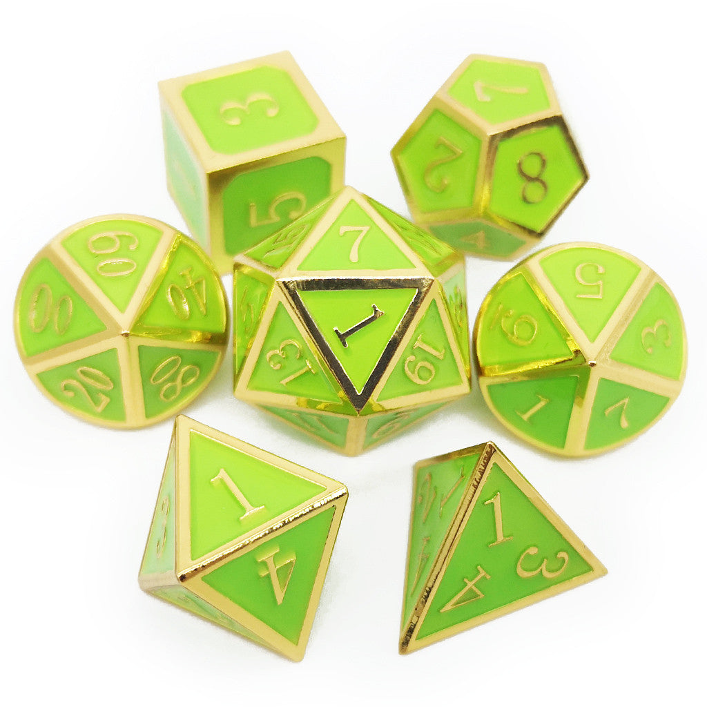 Metal dice set glow in the dark gold glowing green