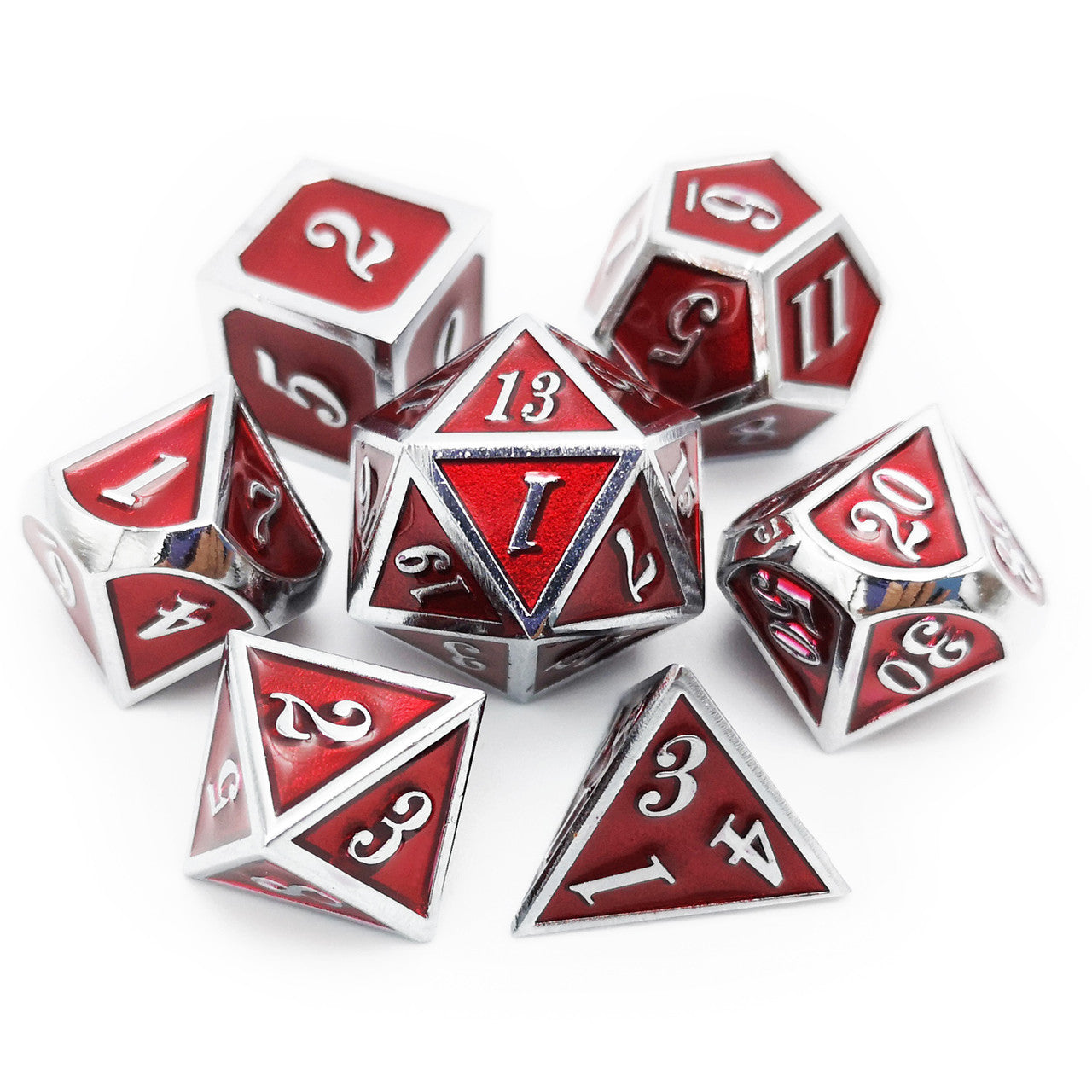 Silver red metal dnd dice set