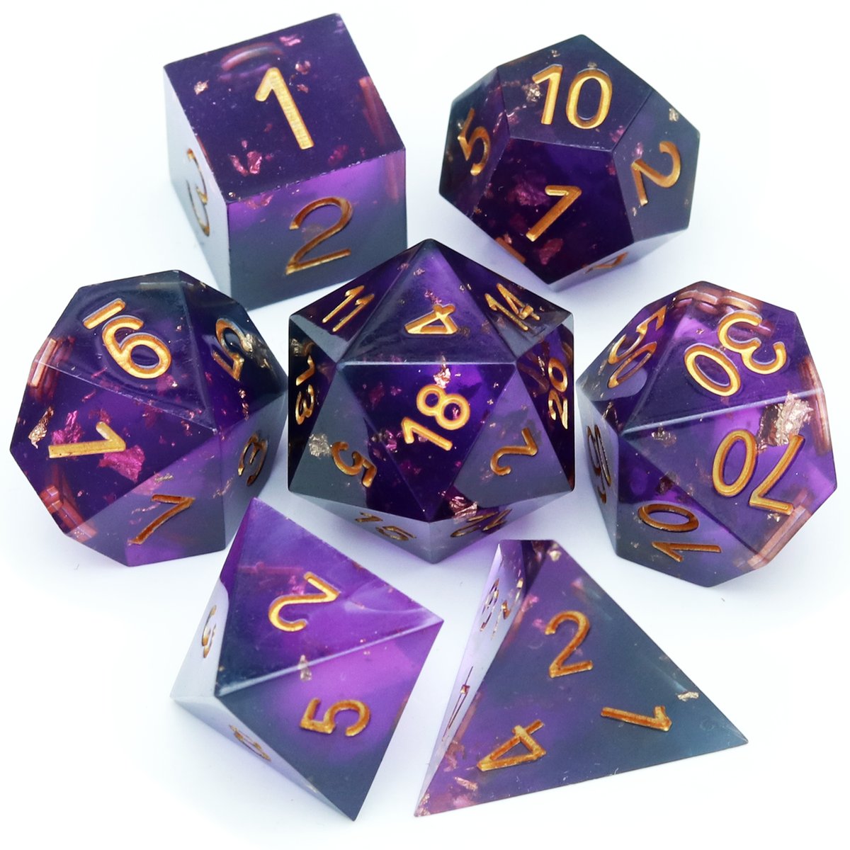 Haxtec Purple Sharp Edge Resin Dice Set Iridescent Gold Foil