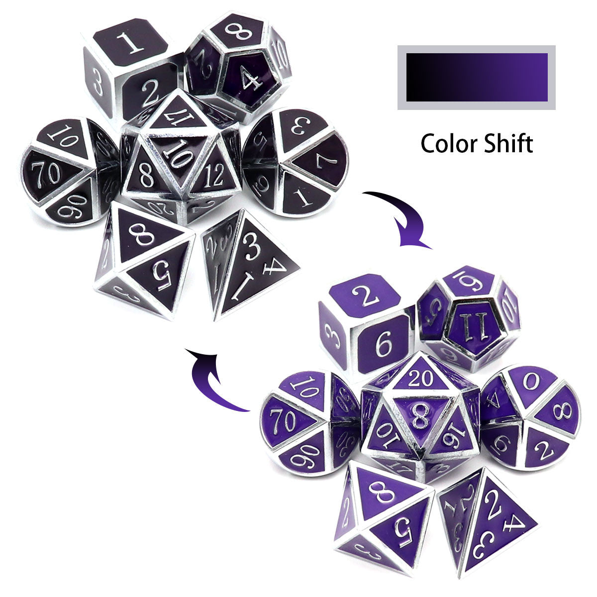 metal dice , silver black purple metal dice, color changing metal dice, temperature color changing dice, thermo-sensitive dice, dragon dice, silver metal dice, black metal dice, purple metal dice, 