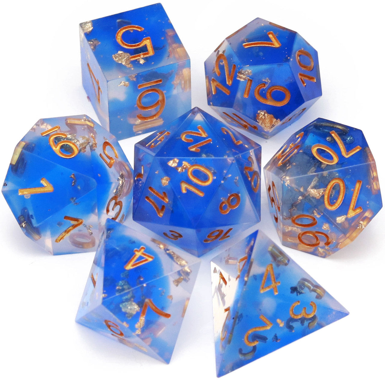 blue clear foil sharp edge dnd dice set with dice vault