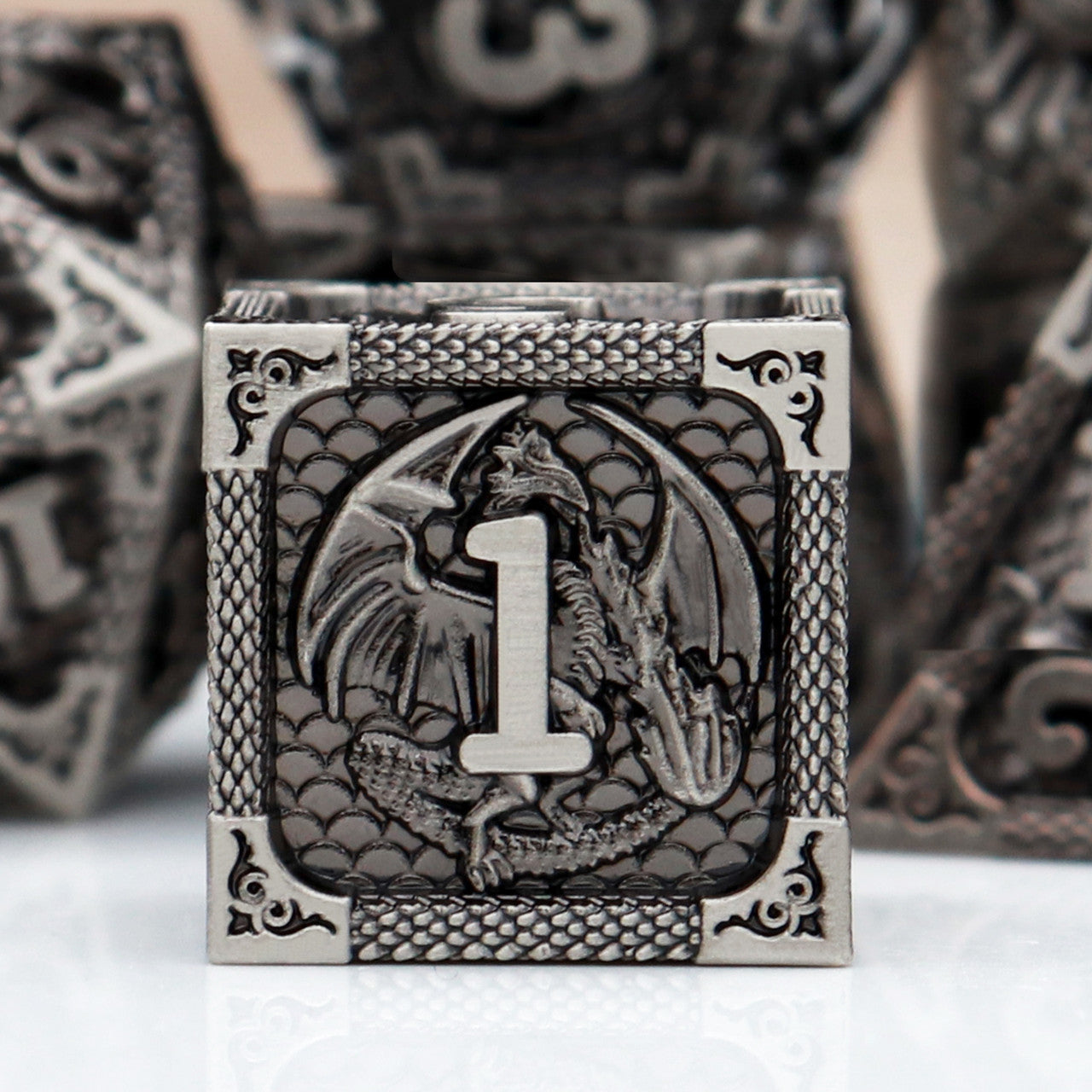 antique iron metal dnd dice set dragon pattern