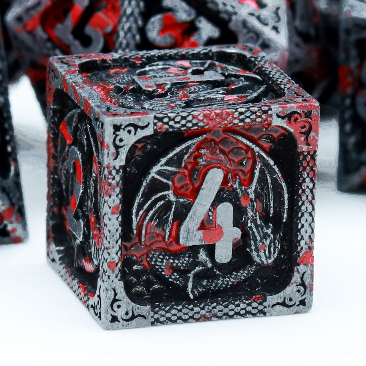 bloodstained metal dnd dice set dragon pattern