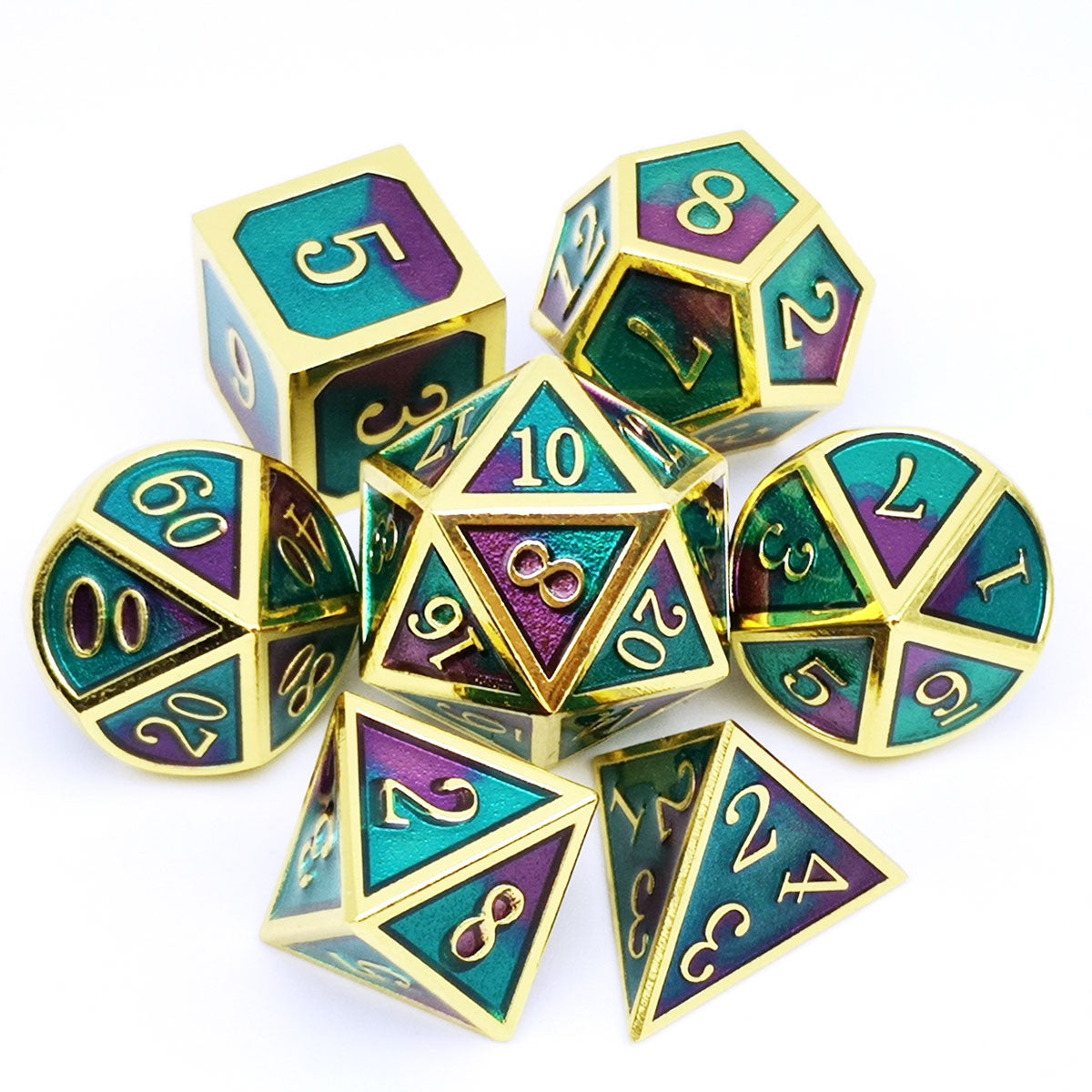 gold teal purple metal dice for rpg games