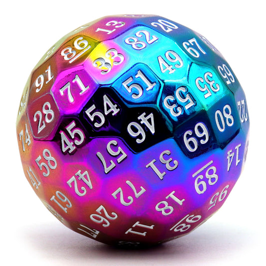 rainbow metal dice, d100, d100 dice, metal d100 dice