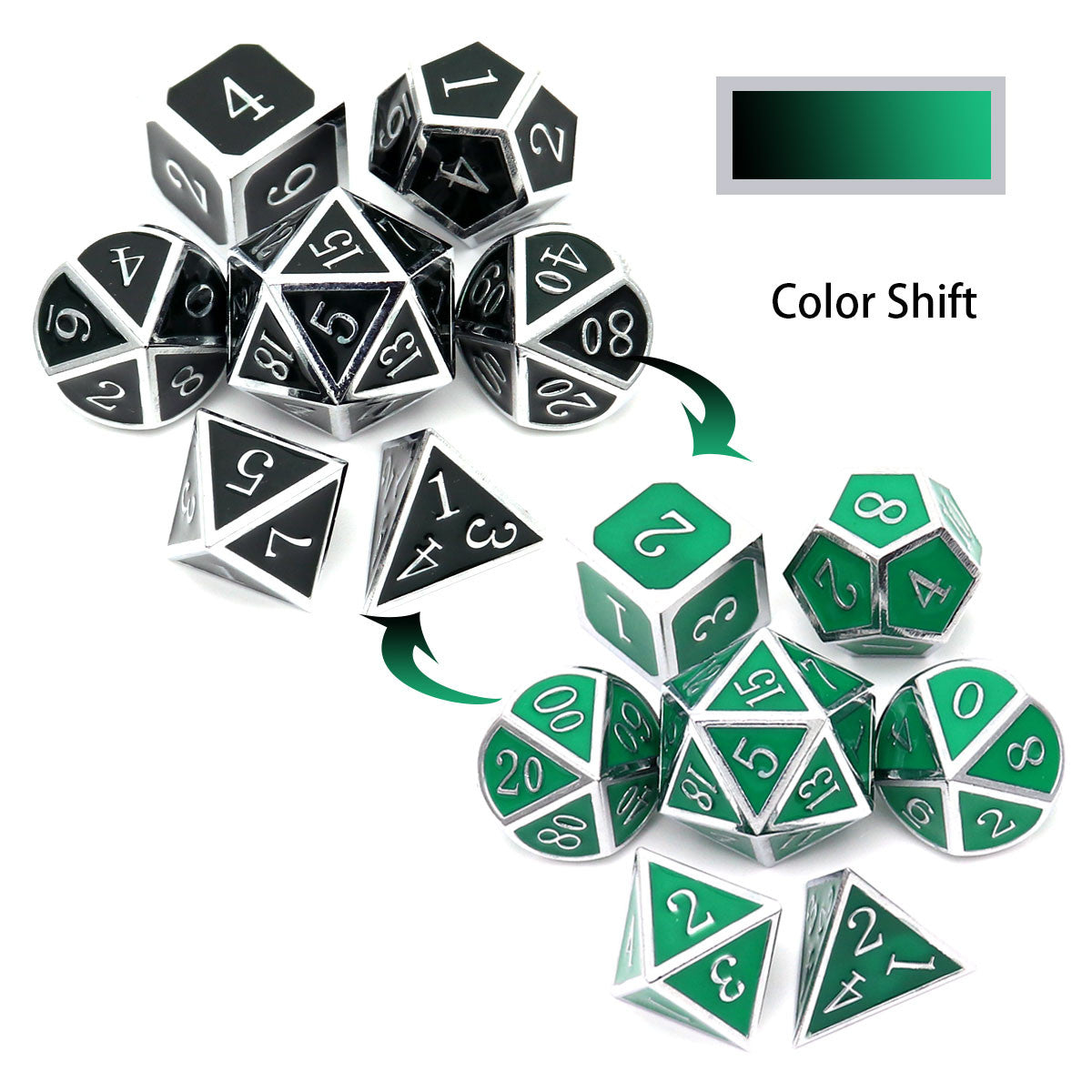 silver black green metal dice, color changing metal dice, temperature color changing dice, temperature sensitive dice, metal dnd dice, dnd dice, silver black metal dice, silver green metal dice