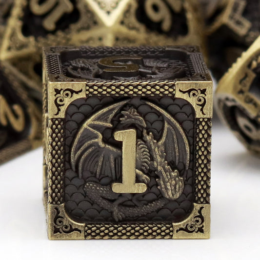 antiue bronze metal dnd dice set dragon pattern