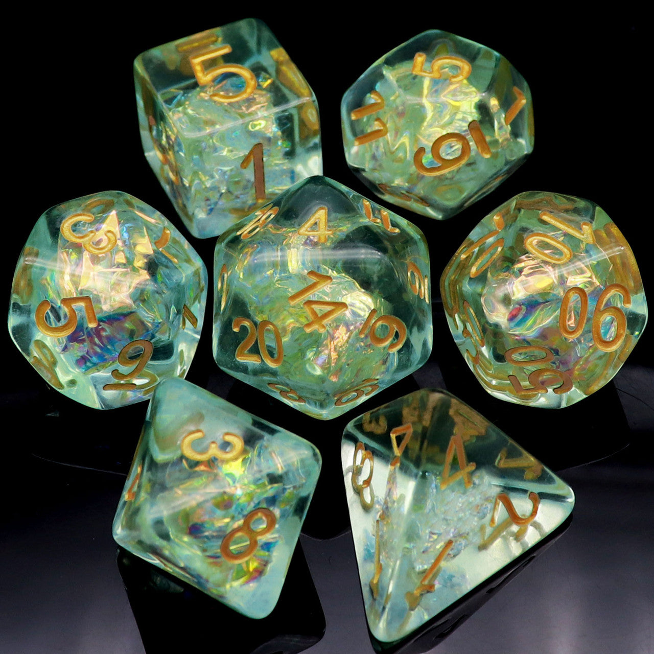 Iridescent dice, green dice
