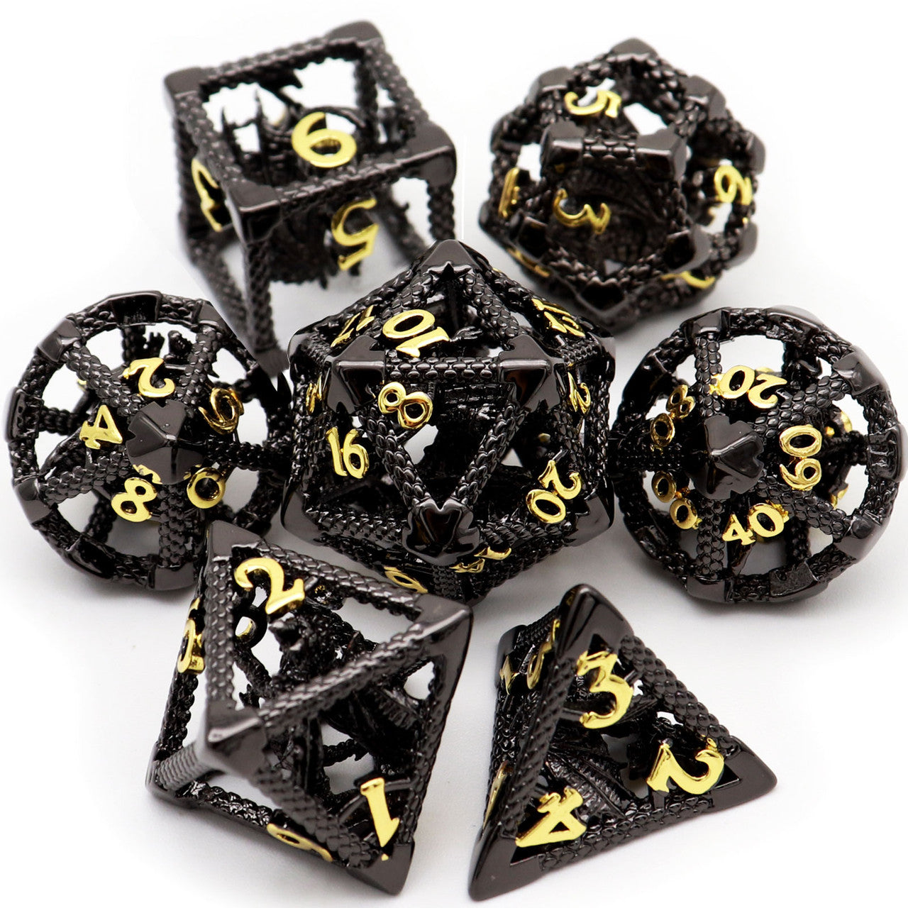 haxtec black gold hollow metal dnd dice set