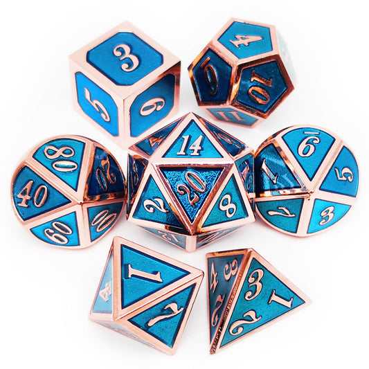 copper blue metal dice, copper metal dice, blue metal dice, polyhedral metal dice