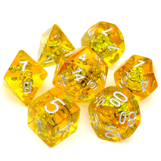 honey dice, yellow dice, dnd dice yellow, bee dice, hornet dice, bee resin dice, resin dice ,resin dice set, dice set , dnd dice set, dice set d&d, rpg dice, polyhedral dice set, handmade dice, haxtec dice, filled dice, filled resin dice