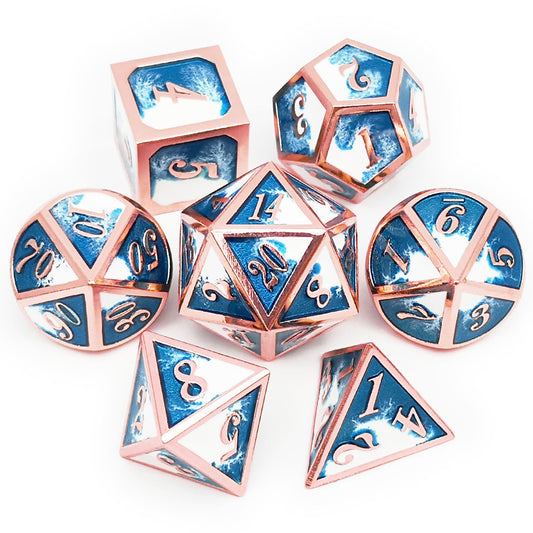 copper dice, ice dice, rosegold dice, blue and white dice, blue dice, white dice