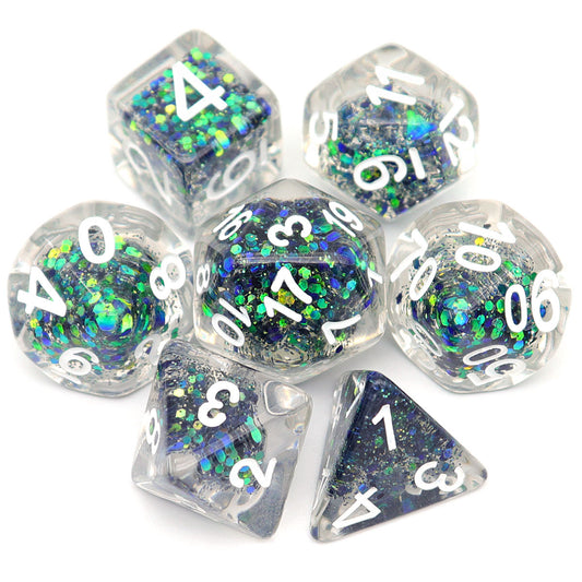 haxtec glitter dnd dice set with blue and green color changing glitters